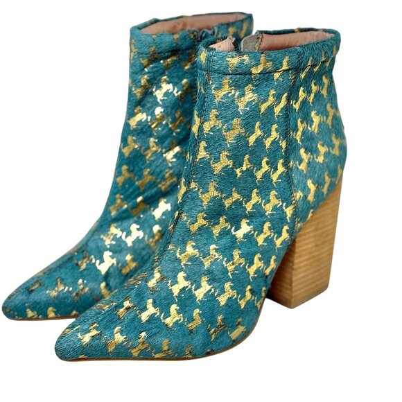 Jeffery Campbell Handmade Teal & Gold Horse Houndstooth Ankle Boots 8.5M‎ - Picture 1 of 9